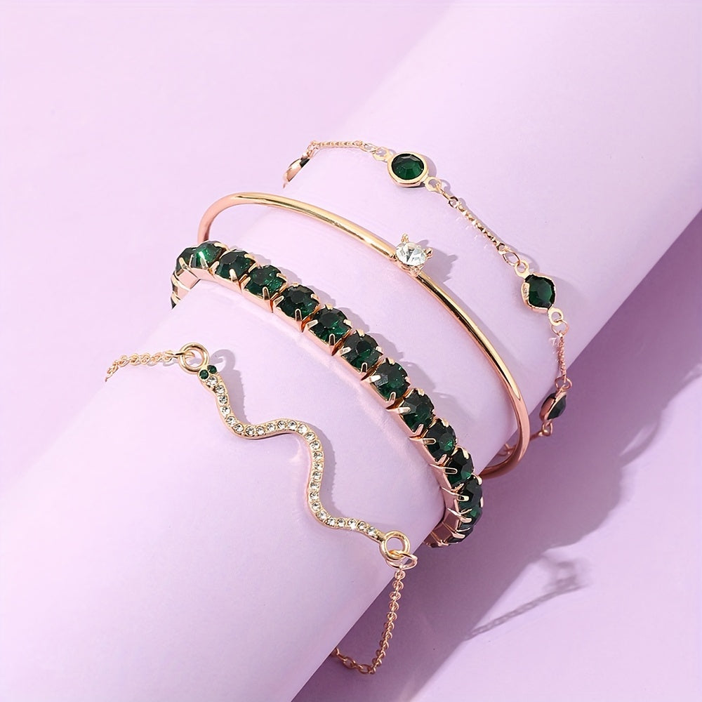 4 Elegant Green Faux Gemstone Rhinestone Bracelets