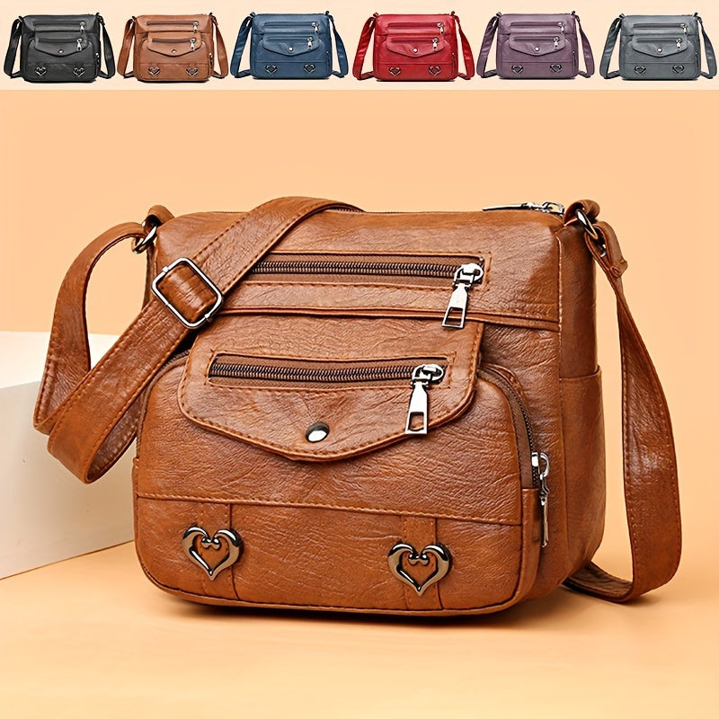 Retro Multi Pockets Crossbody Bag, Soft Faux Leather Bag
