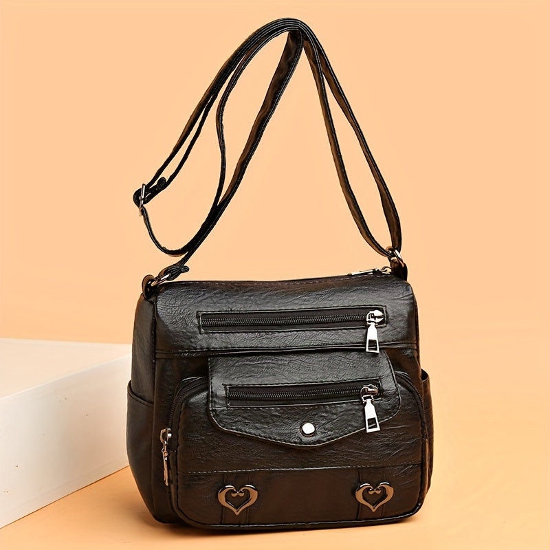 Retro Multi Pockets Crossbody Bag, Soft Faux Leather Bag