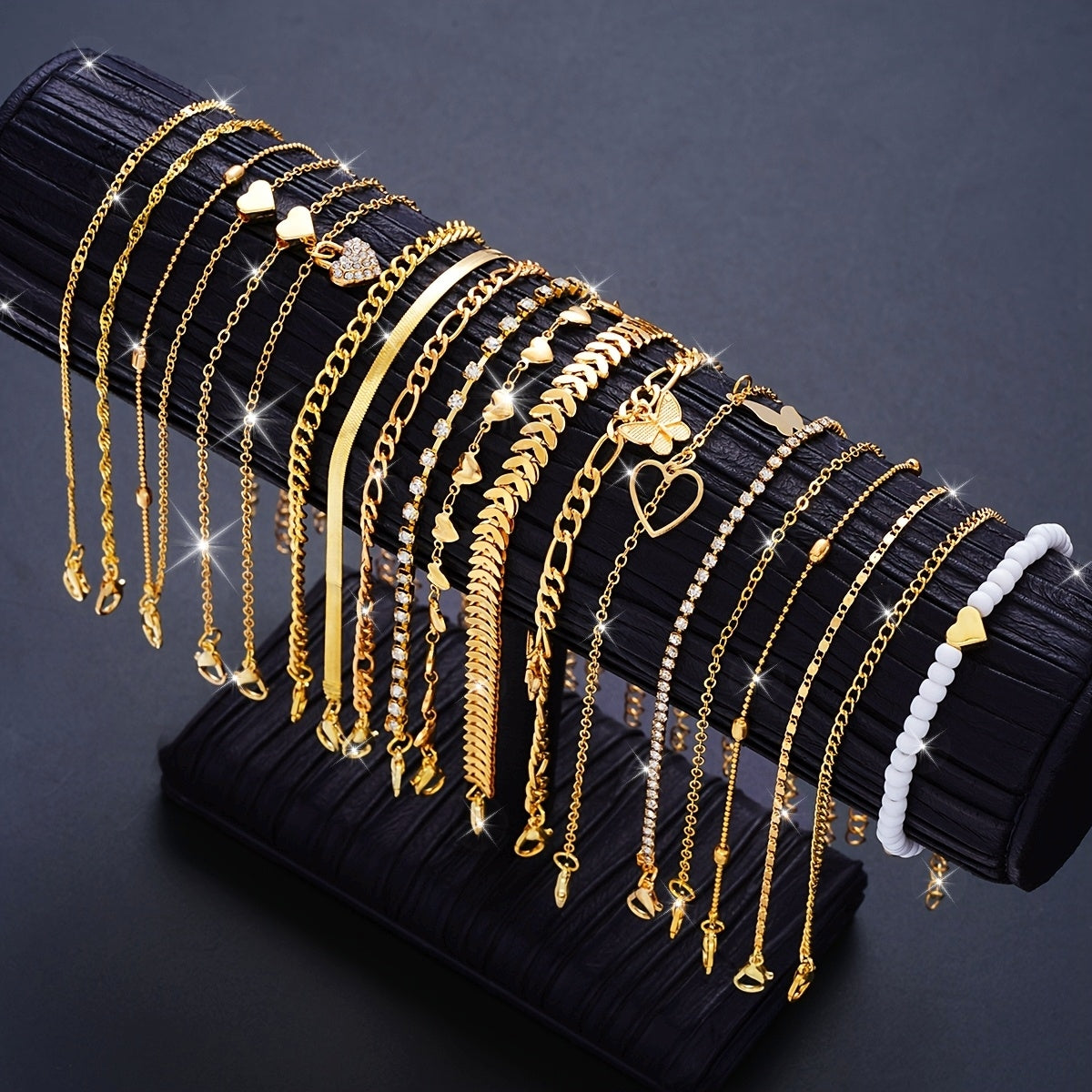 19pcs Anklet Set Bracelets with Heart Rhinestones