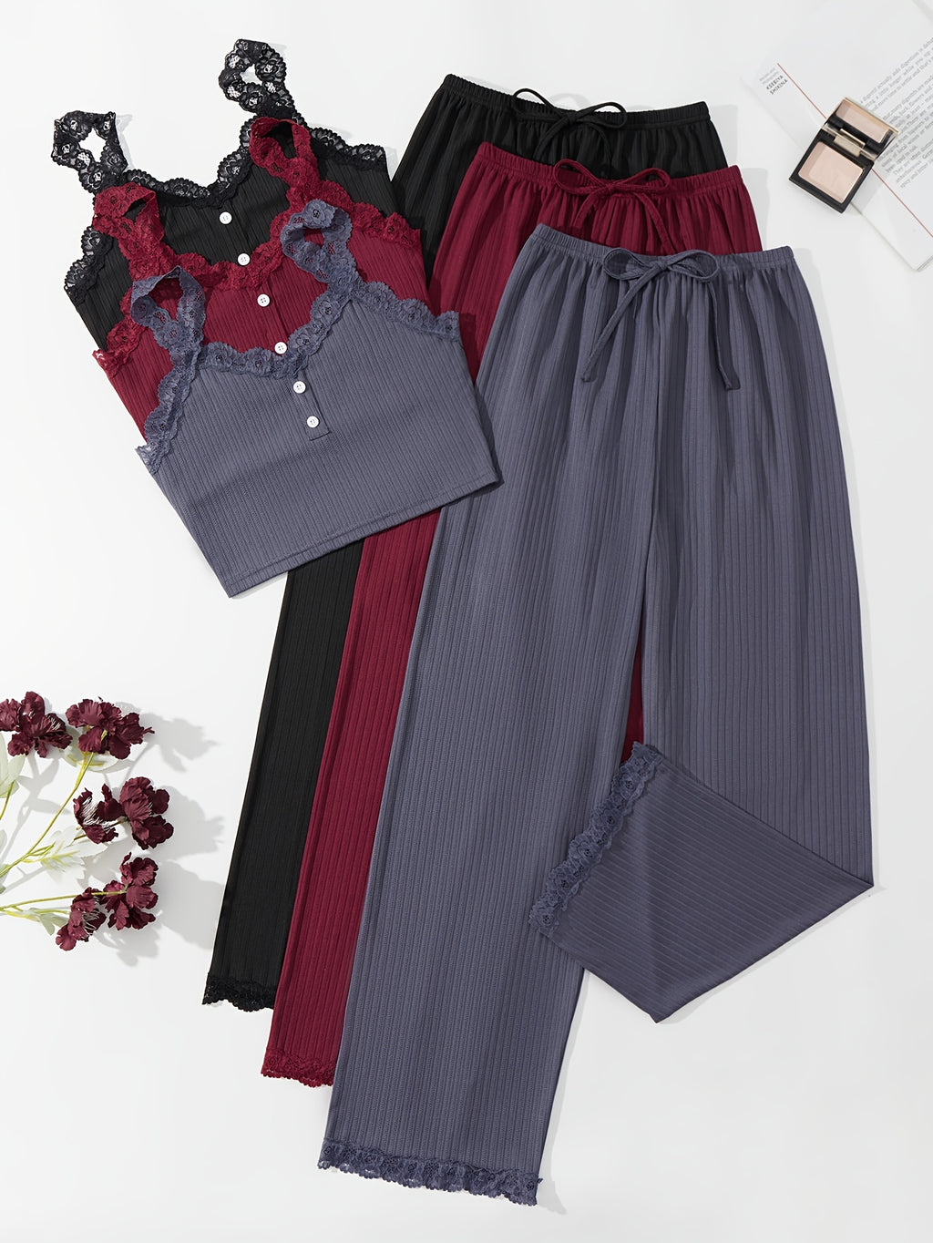 3 Sets Lace Trim Lounge Set