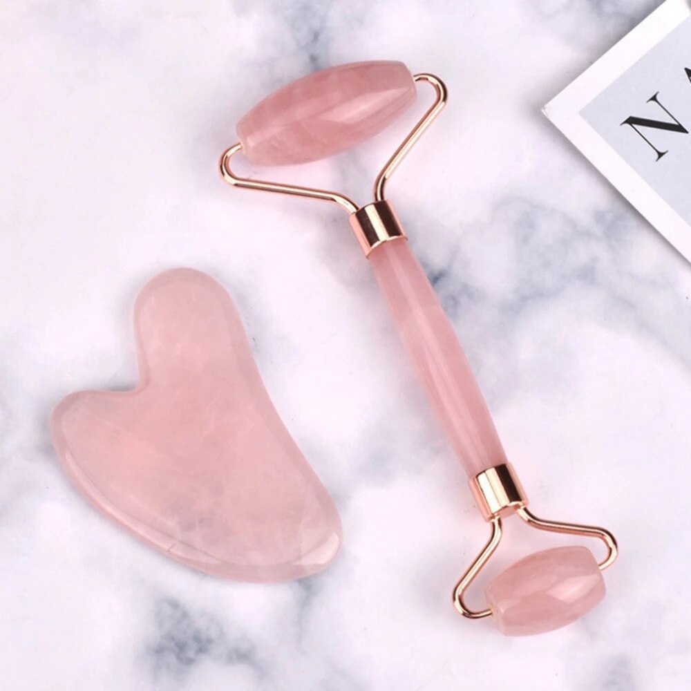 Pink Gua Sha Roller and Scraping Board Set for Face Beauty Massage