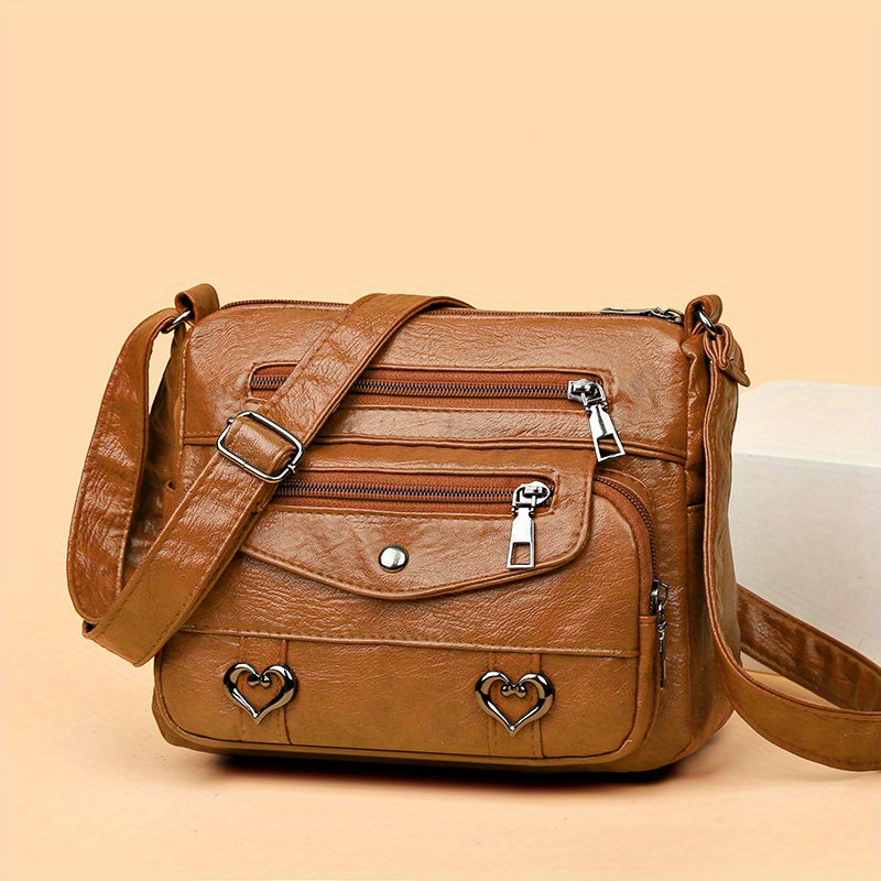 Retro Multi Pockets Crossbody Bag, Soft Faux Leather Bag