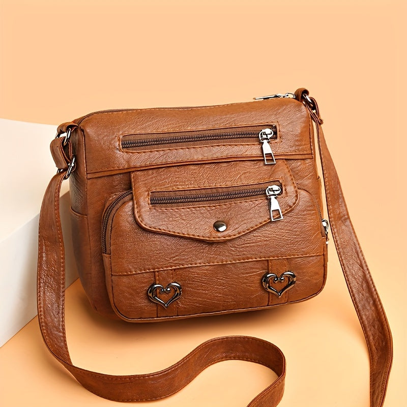 Retro Multi Pockets Crossbody Bag, Soft Faux Leather Bag