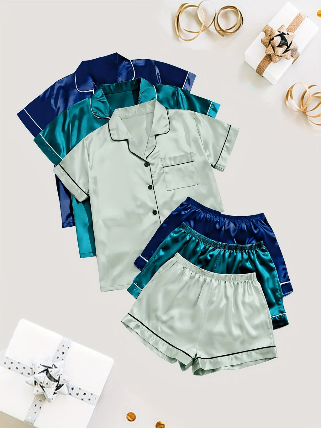 Women'S 3pcs Casual Satin Short Sleeve Shirt & Shorts Pyjama Set