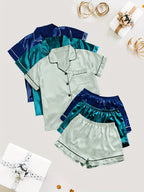 Women'S 3pcs Casual Satin Short Sleeve Shirt & Shorts Pyjama Set