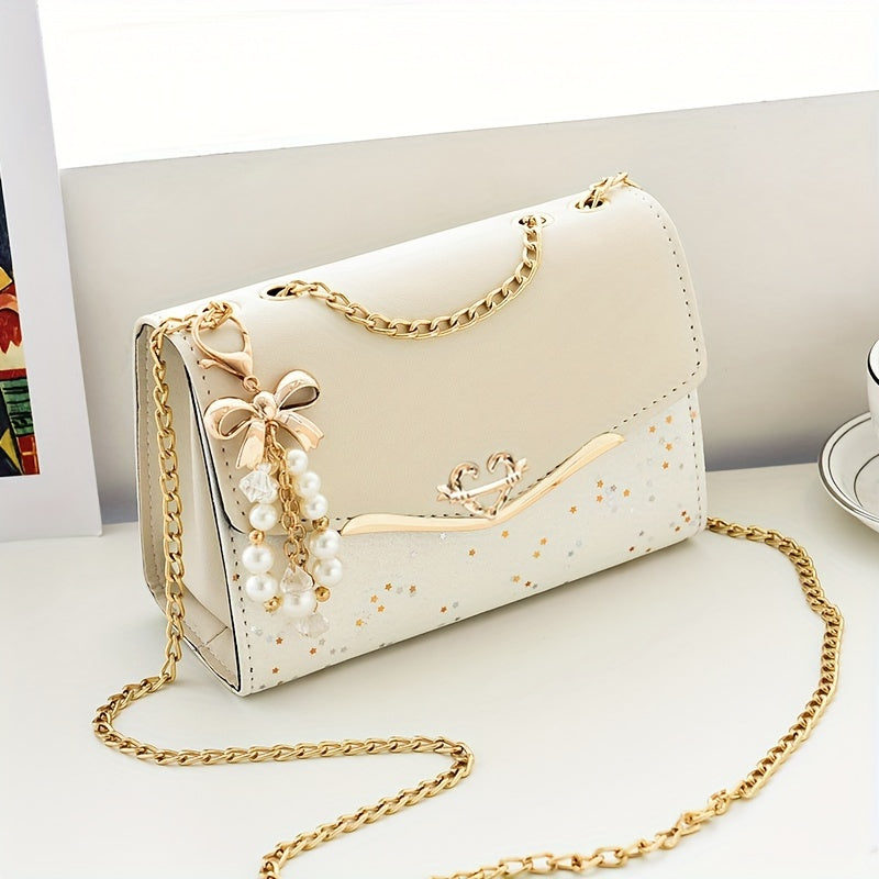 Sequins Square Purse, Elegant Shoulder Bag With Pendant