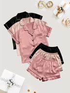 Women'S 3pcs Casual Satin Short Sleeve Shirt & Shorts Pyjama Set