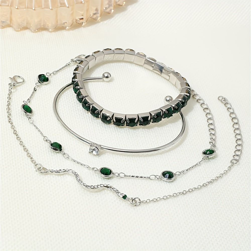 4 Elegant Green Faux Gemstone Rhinestone Bracelets