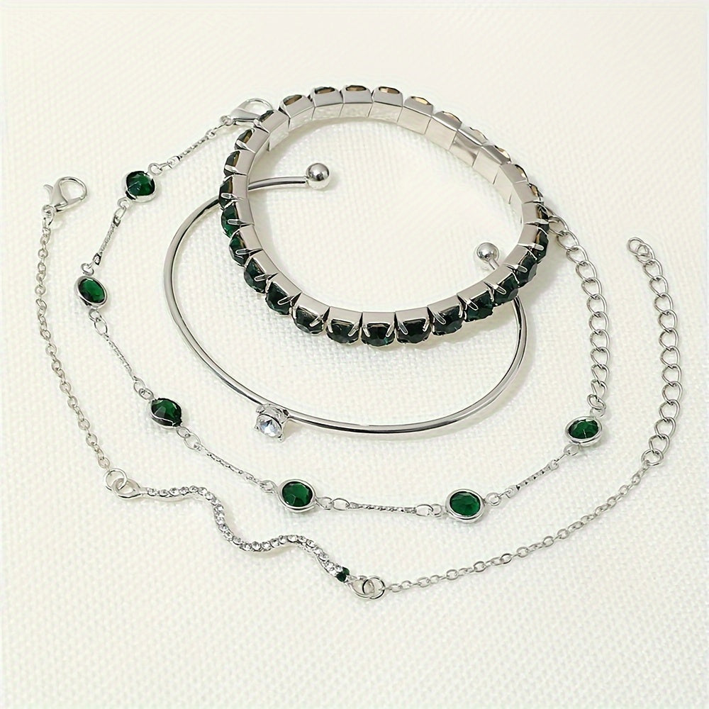 4 Elegant Green Faux Gemstone Rhinestone Bracelets