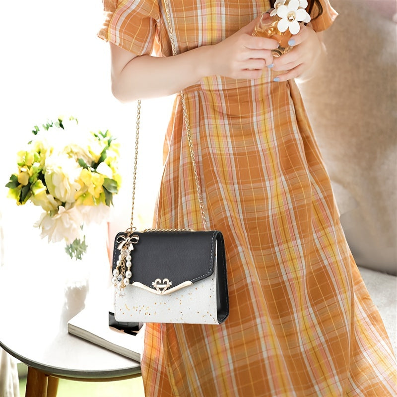 Sequins Square Purse, Elegant Shoulder Bag With Pendant
