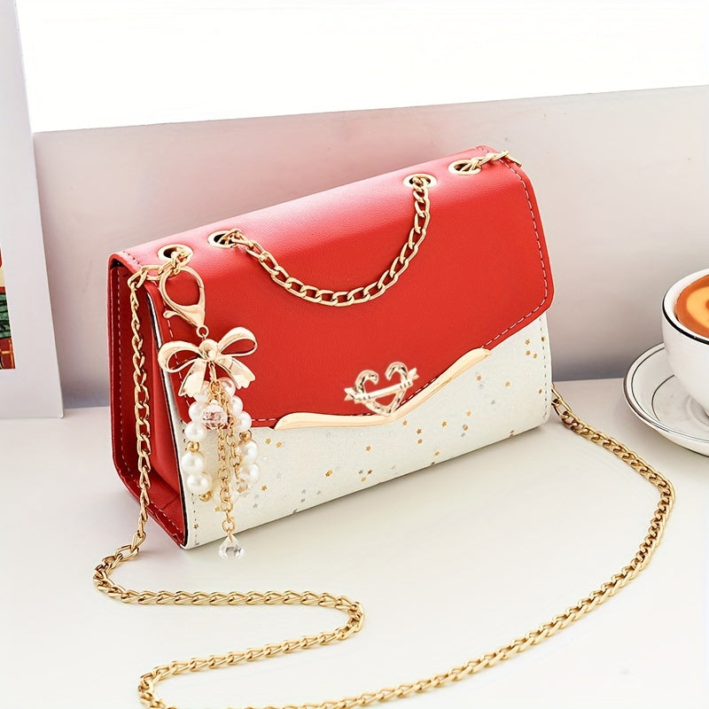 Sequins Square Purse, Elegant Shoulder Bag With Pendant