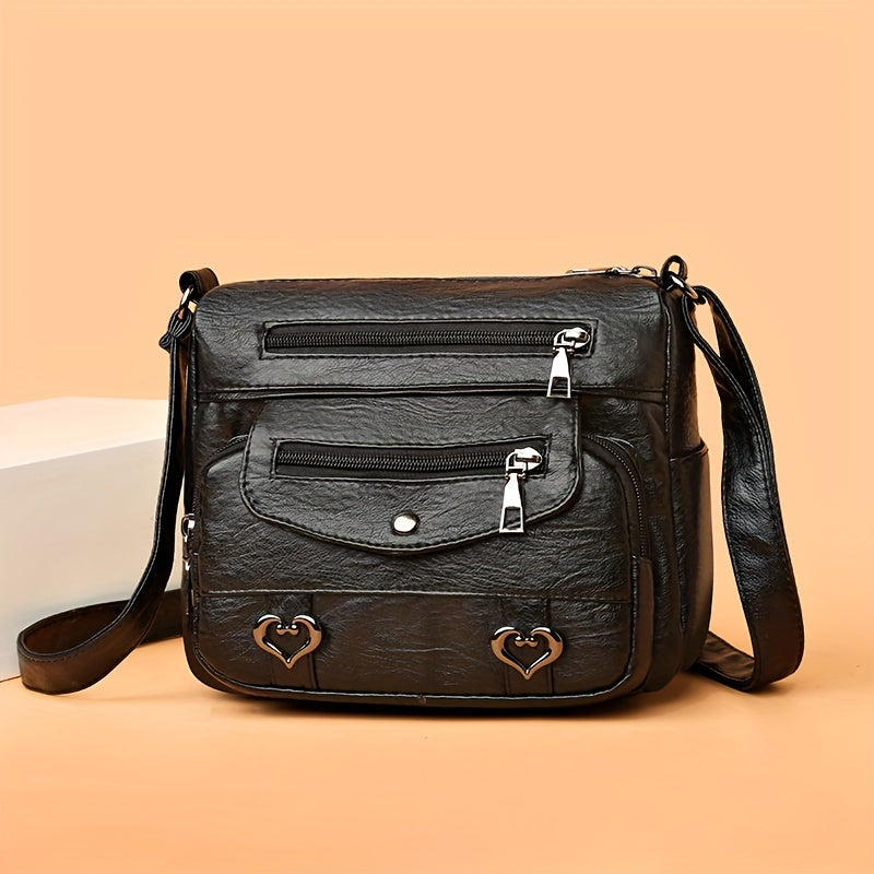 Retro Multi Pockets Crossbody Bag, Soft Faux Leather Bag