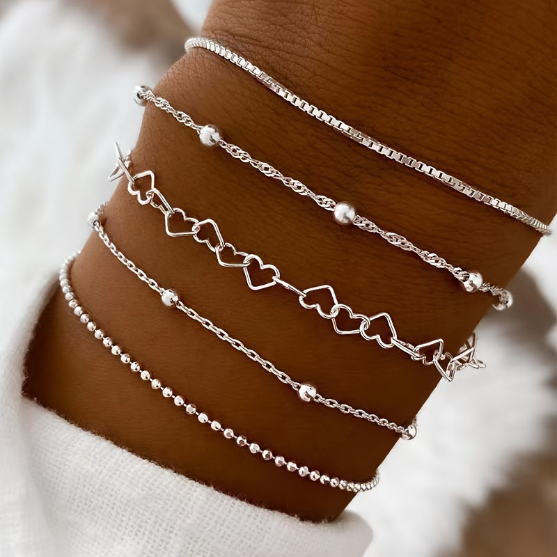 5pcs/set Simple Style Silver Thin Chain Bracelets