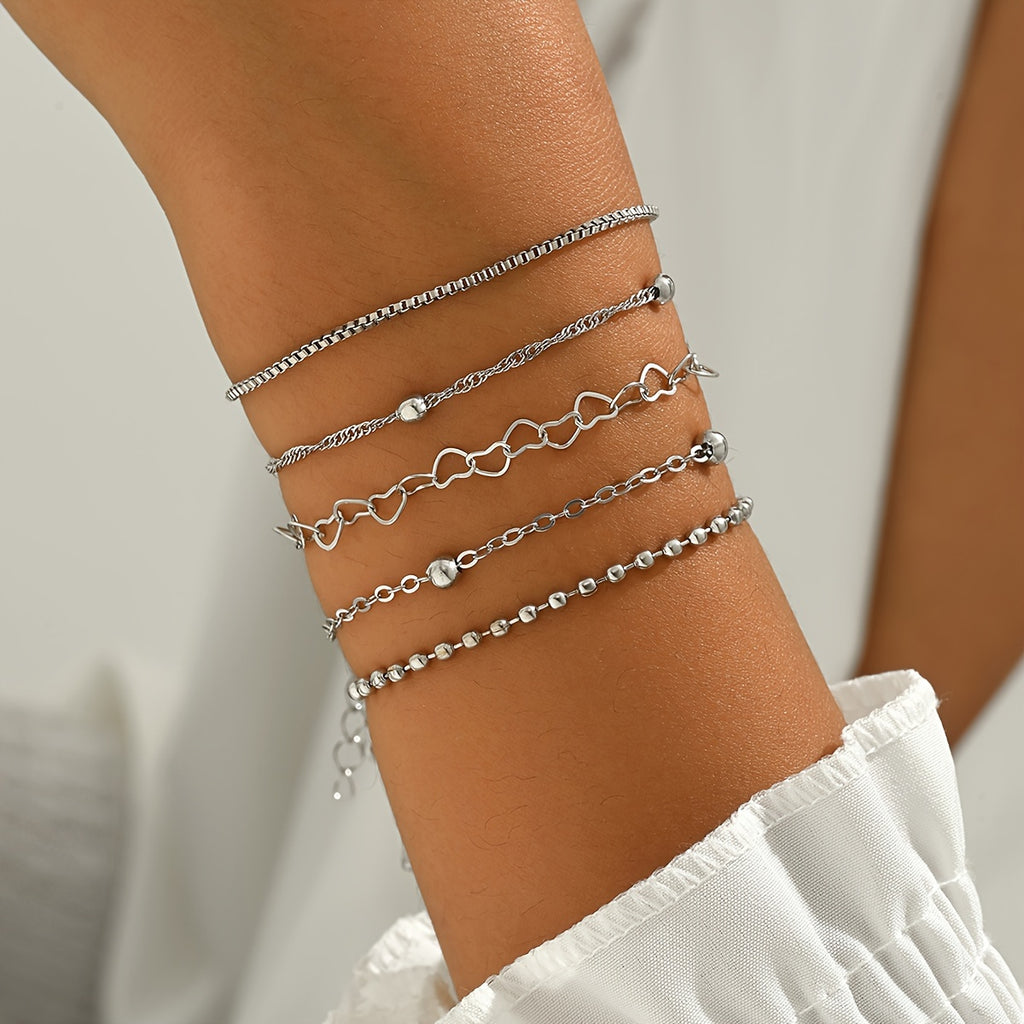 5pcs/set Simple Style Silver Thin Chain Bracelets