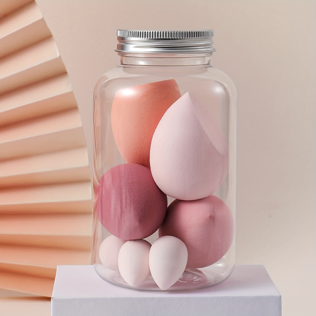 Pink Makeup Sponge Blender Set with Storage Jar