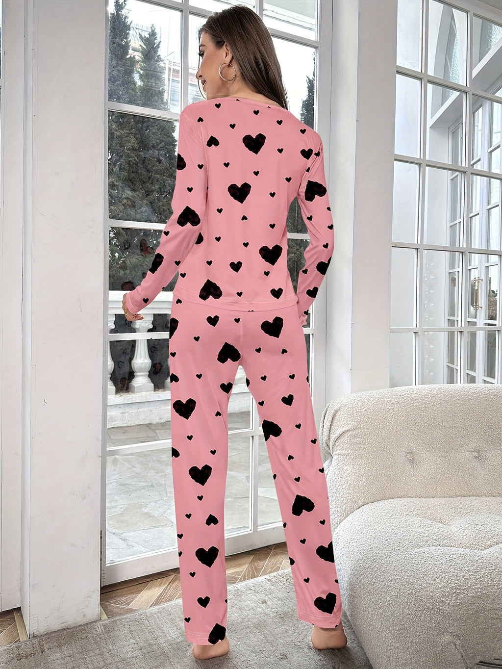 Women's Fashion Casual Heart Print Pyjama Set