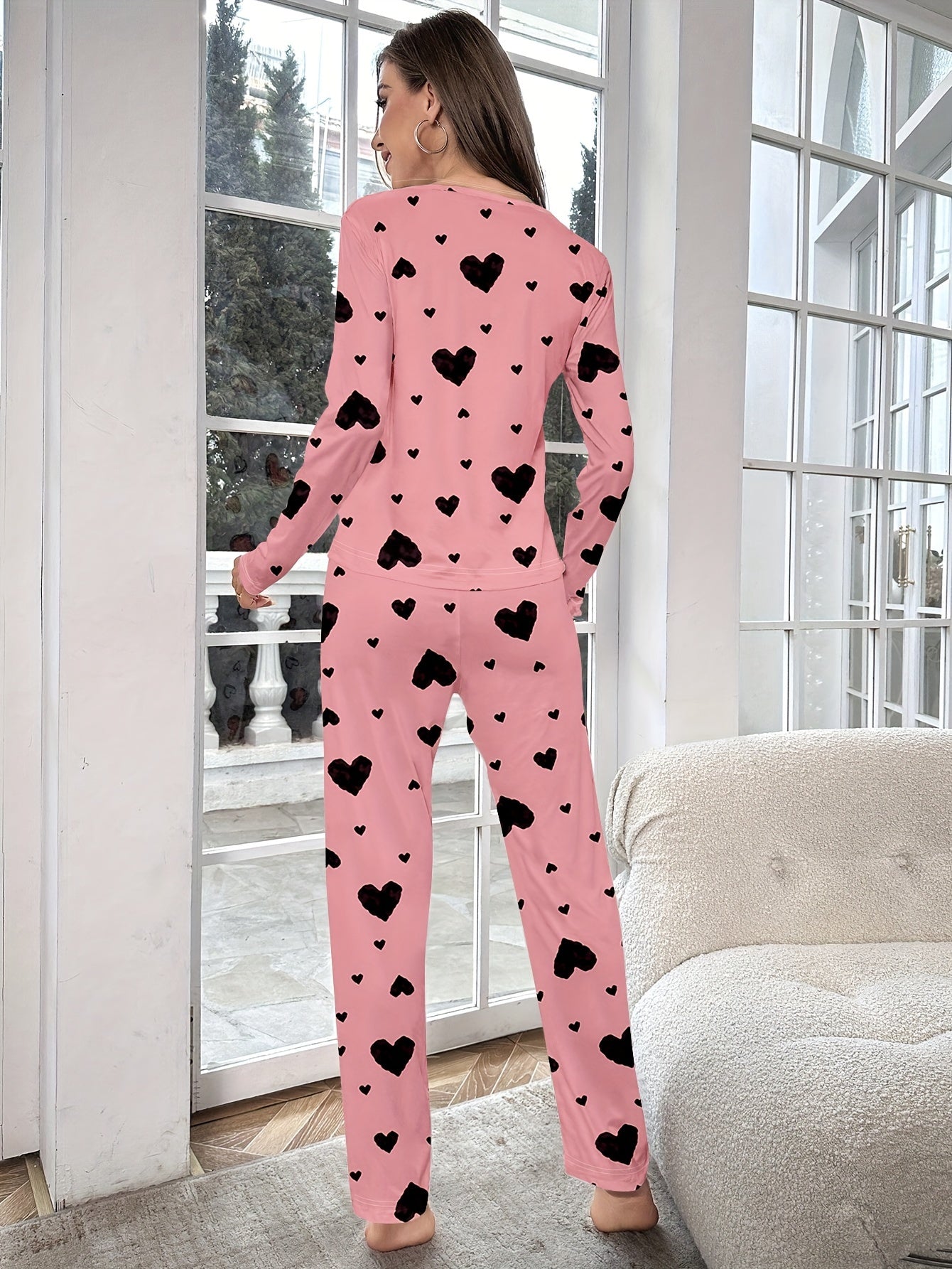 Women's Fashion Casual Heart Print Pyjama Set