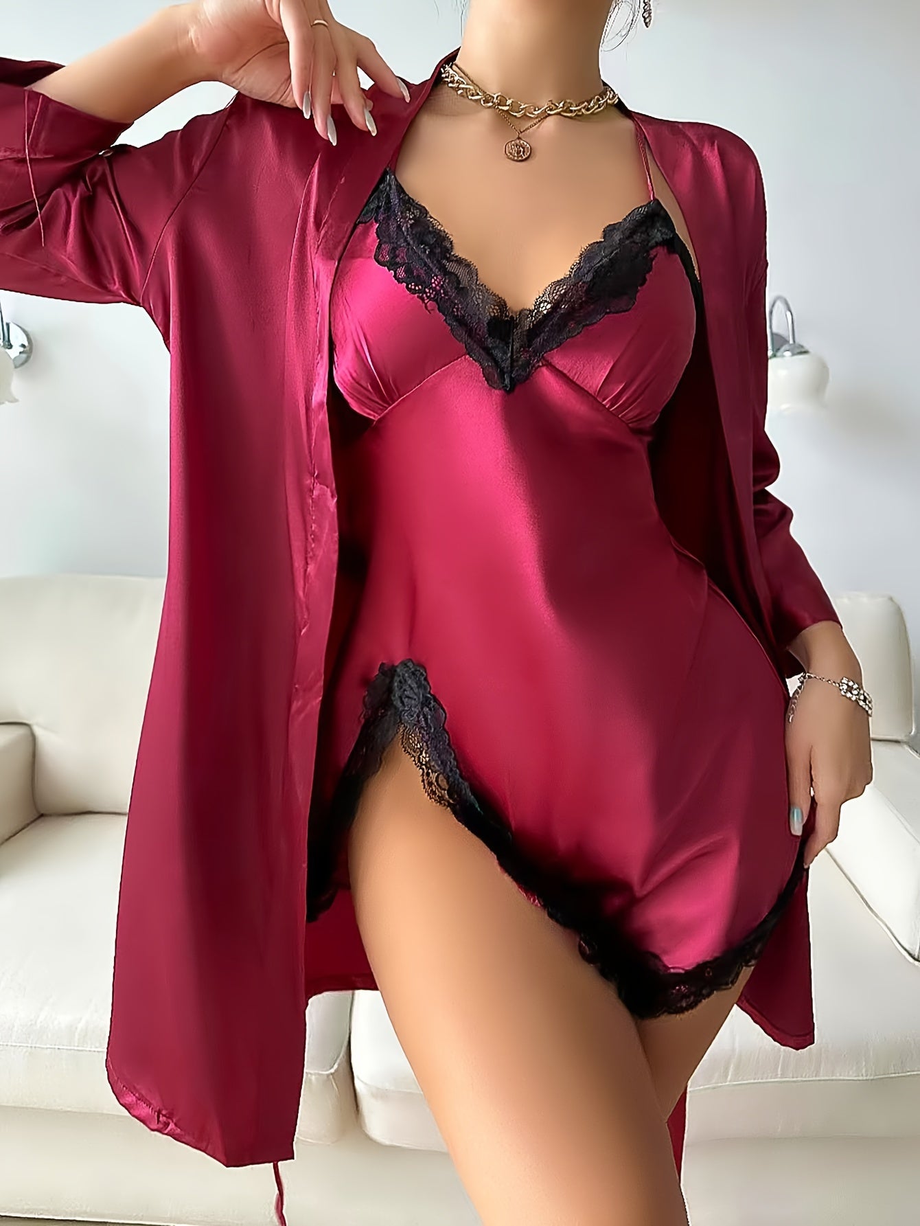 Allure Satin Sleep Set: Chic Belted Robe Dress