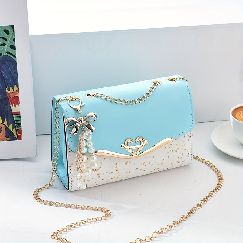 Sequins Square Purse, Elegant Shoulder Bag With Pendant