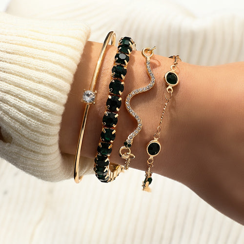 4 Elegant Green Faux Gemstone Rhinestone Bracelets