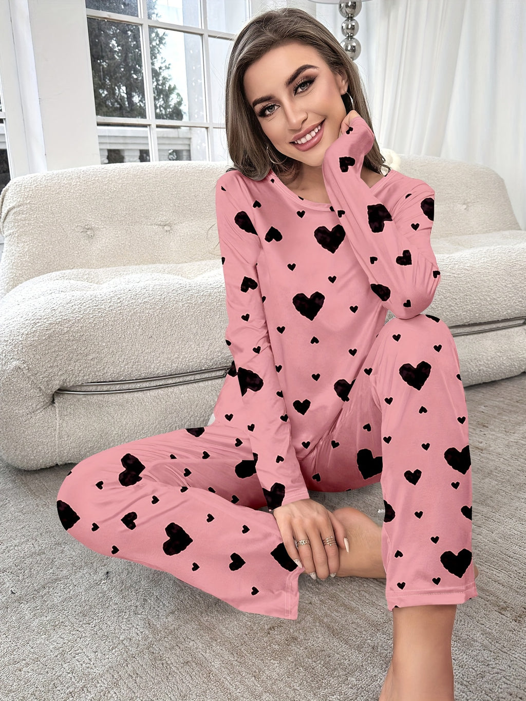 Women's Fashion Casual Heart Print Pyjama Set
