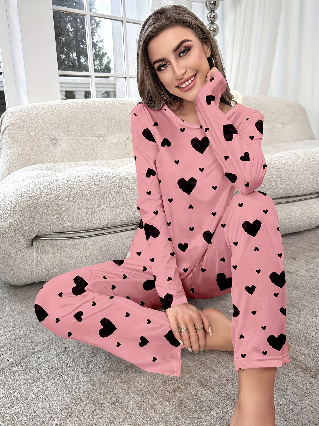 Women's Fashion Casual Heart Print Pyjama Set