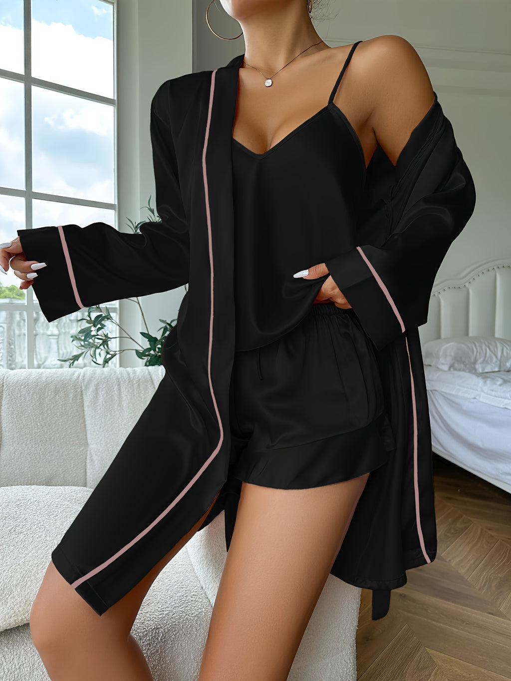 Luxurious Satin Pyjama Set - Cozy Long Sleeve Robe with Belt.