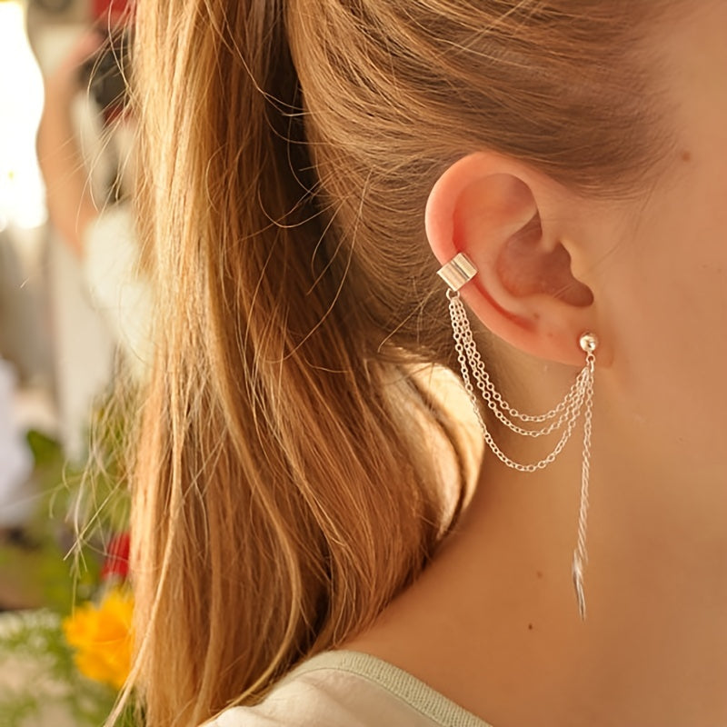 Set Of 7 Trendy Golden Leaf Tassel Earrings With C-shaped Geometric Star Ear Clips