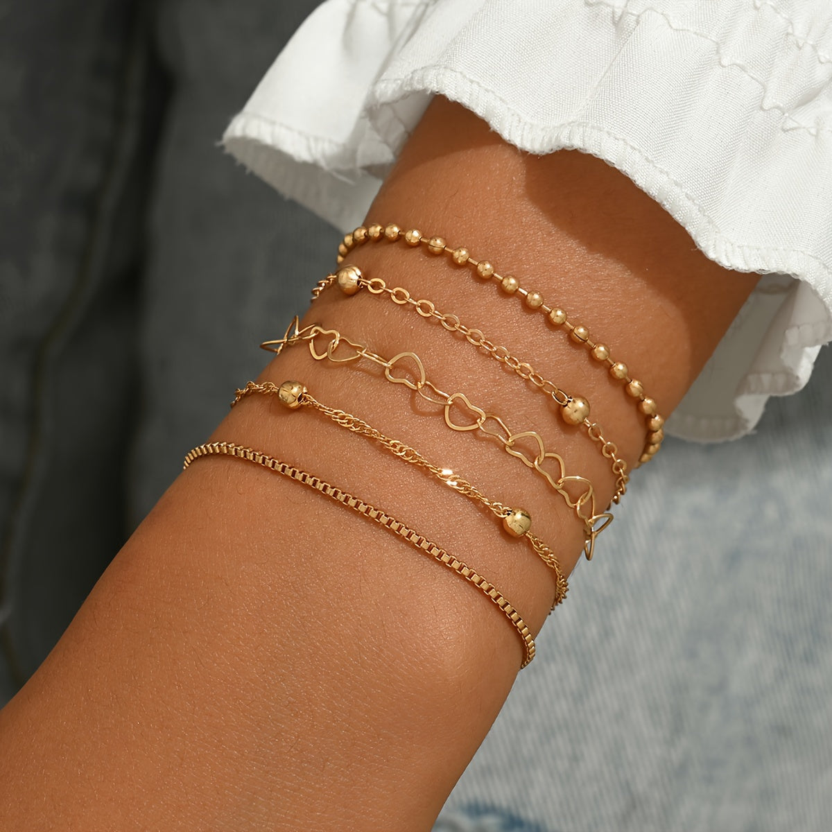 5pcs/set Simple Style Silver Thin Chain Bracelets
