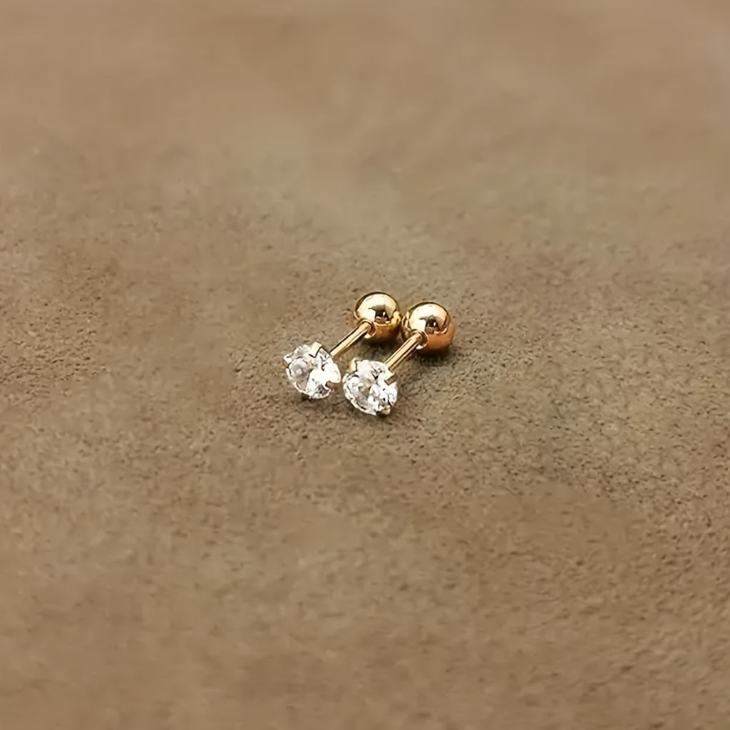 Golden four-prong twisted ball cubic Synthetic Zirconia earrings