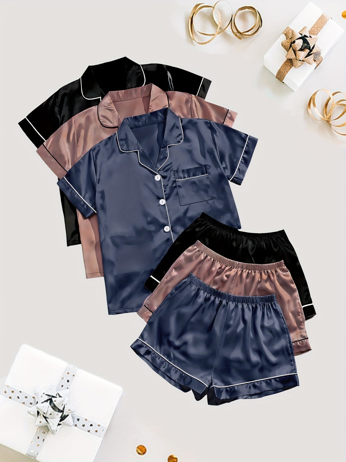 Women'S 3pcs Casual Satin Short Sleeve Shirt & Shorts Pyjama Set