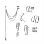 Set Of 7 Trendy Golden Leaf Tassel Earrings With C-shaped Geometric Star Ear Clips