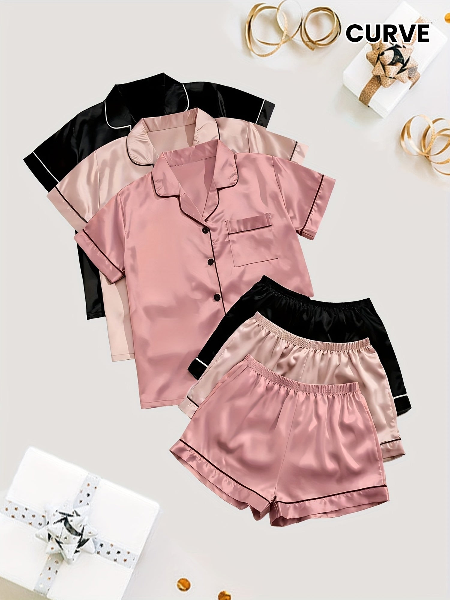 Women'S 3pcs Casual Satin Short Sleeve Shirt & Shorts Pyjama Set
