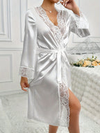 Solid Color Lace Trim Elegant Sleep Robe