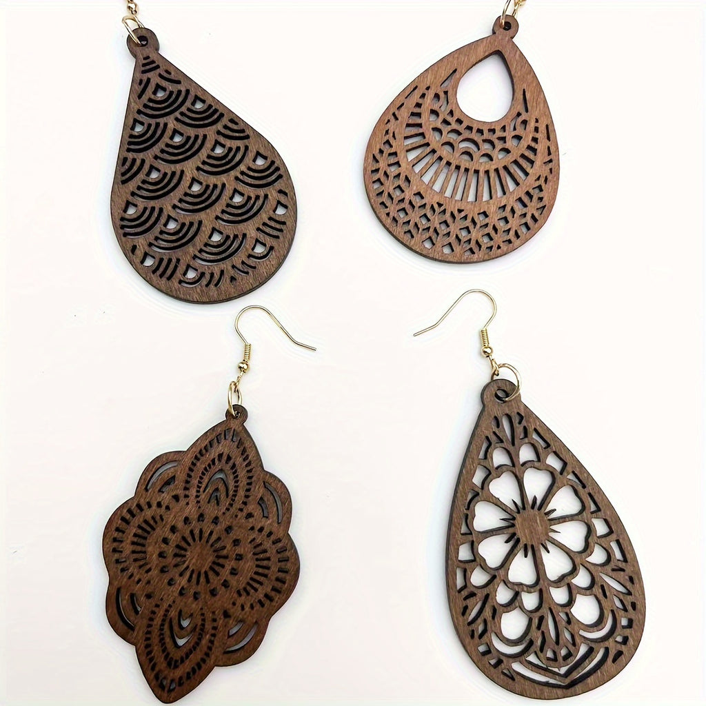 4 Pairs/ Set Vintage Carved Flower Pattern Jewellery