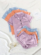 Women'S 3pcs Casual Satin Short Sleeve Shirt & Shorts Pyjama Set