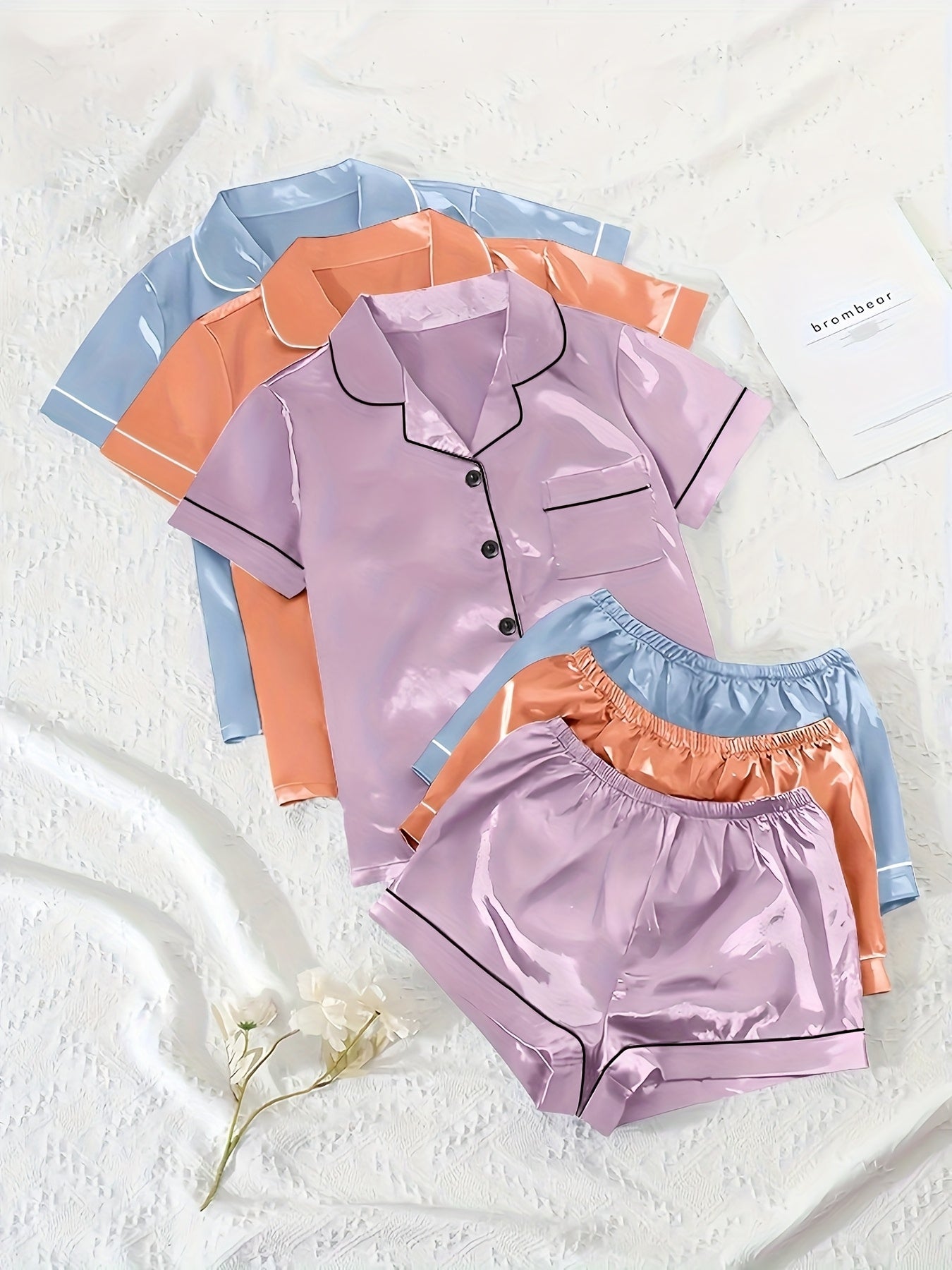 Women'S 3pcs Casual Satin Short Sleeve Shirt & Shorts Pyjama Set