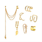 Set Of 7 Trendy Golden Leaf Tassel Earrings With C-shaped Geometric Star Ear Clips