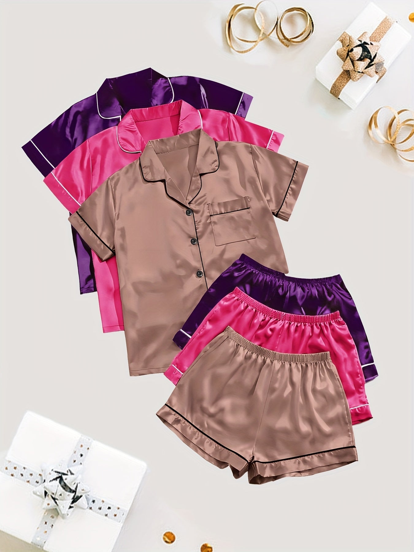 Women'S 3pcs Casual Satin Short Sleeve Shirt & Shorts Pyjama Set