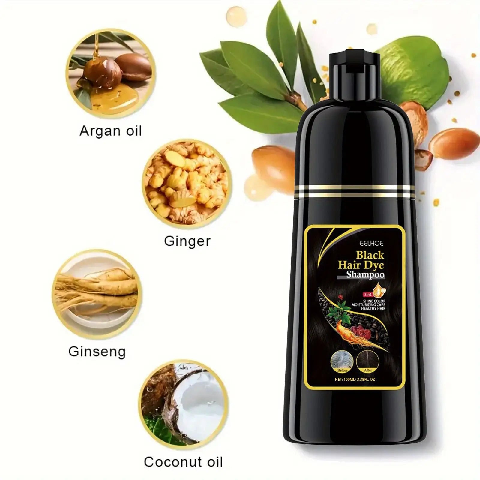 3-in-1 black hair dye shampoo bottle, natural plant pigments