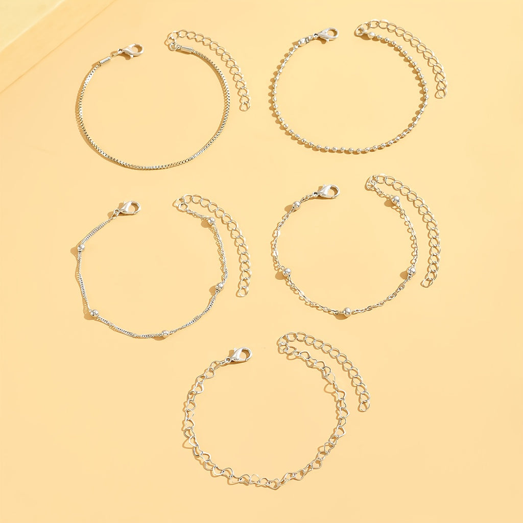 5pcs/set Simple Style Silver Thin Chain Bracelets