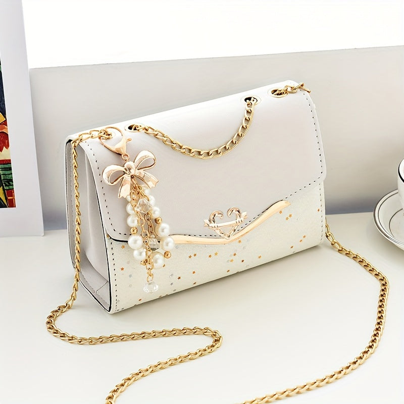 Sequins Square Purse, Elegant Shoulder Bag With Pendant