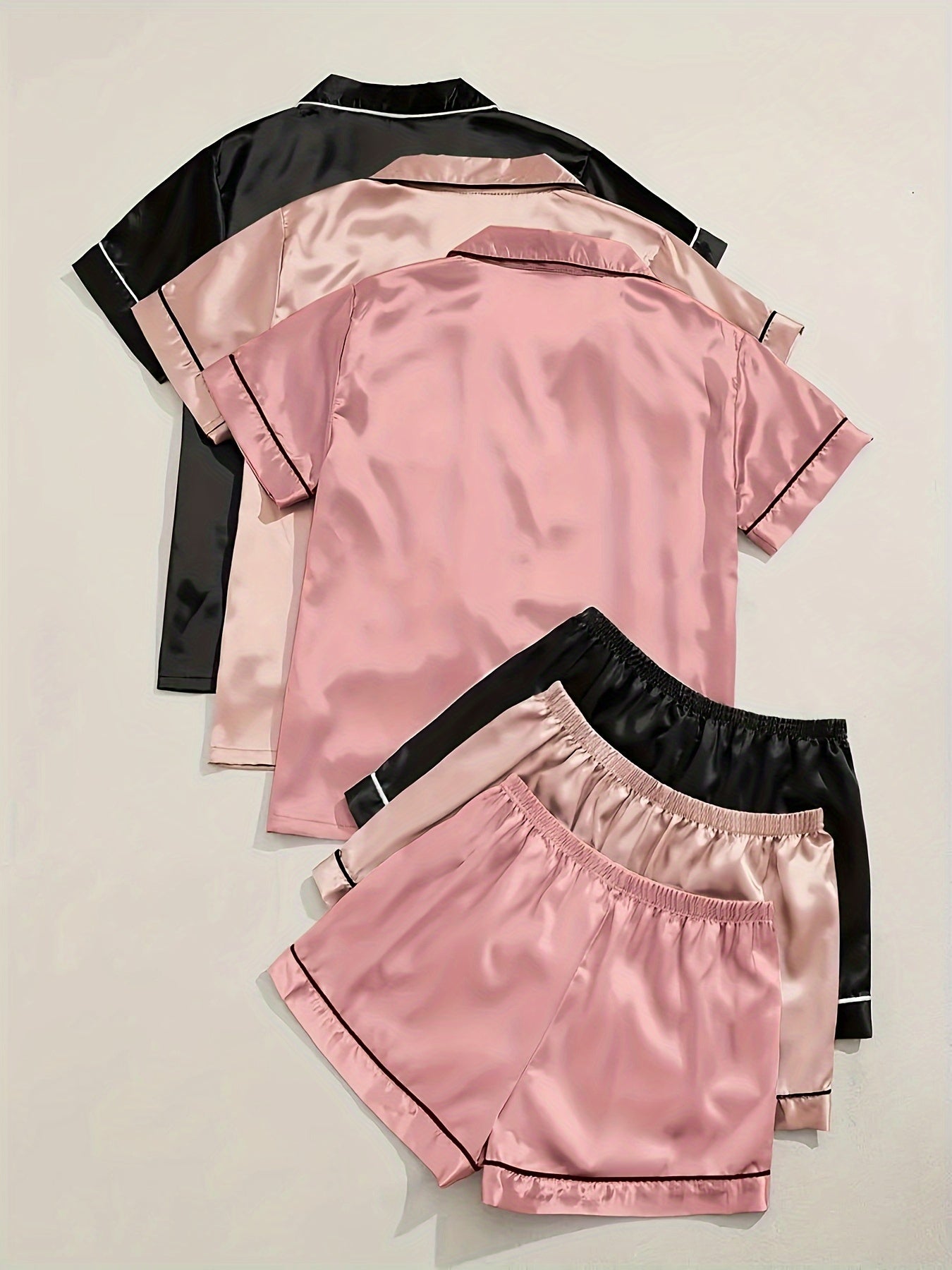 Women'S 3pcs Casual Satin Short Sleeve Shirt & Shorts Pyjama Set