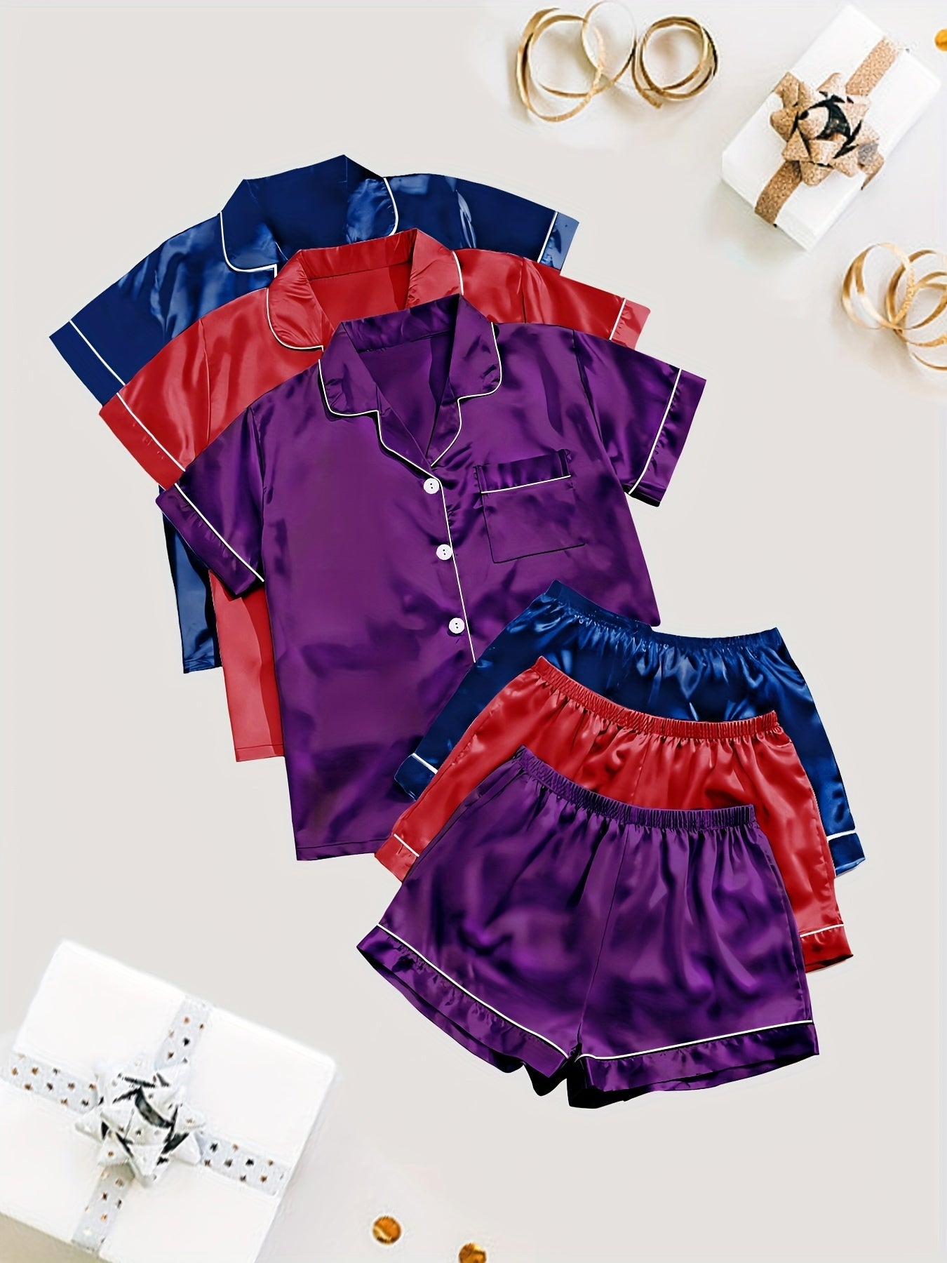 Women'S 3pcs Casual Satin Short Sleeve Shirt & Shorts Pyjama Set