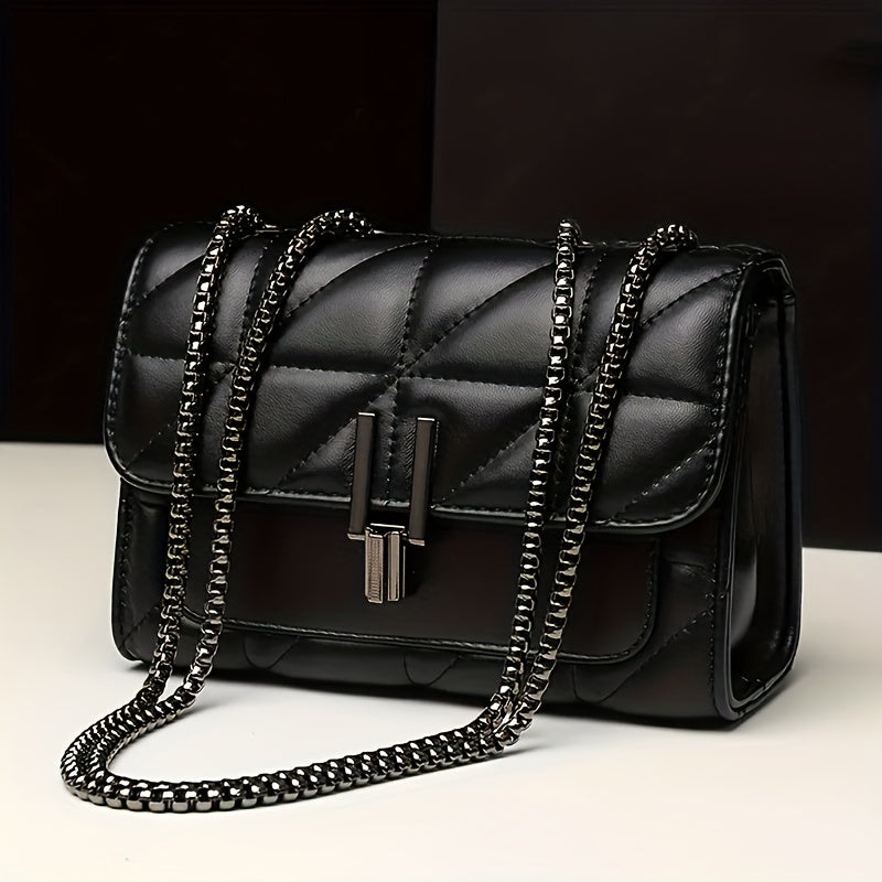 Elegant Faux Leather Shoulder Bag | Plaid Pattern, Chain Strap