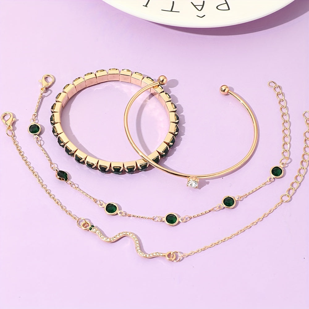 4 Elegant Green Faux Gemstone Rhinestone Bracelets
