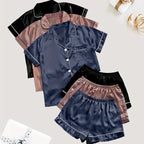Women'S 3pcs Casual Satin Short Sleeve Shirt & Shorts Pyjama Set