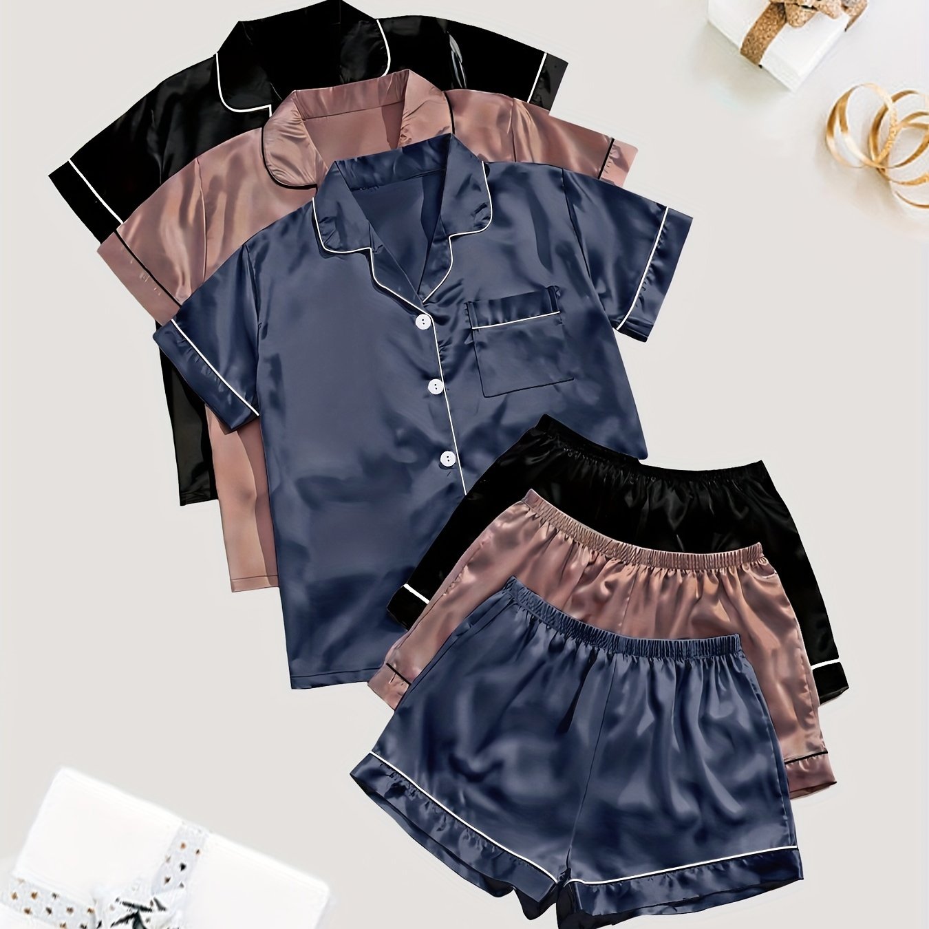Women'S 3pcs Casual Satin Short Sleeve Shirt & Shorts Pyjama Set