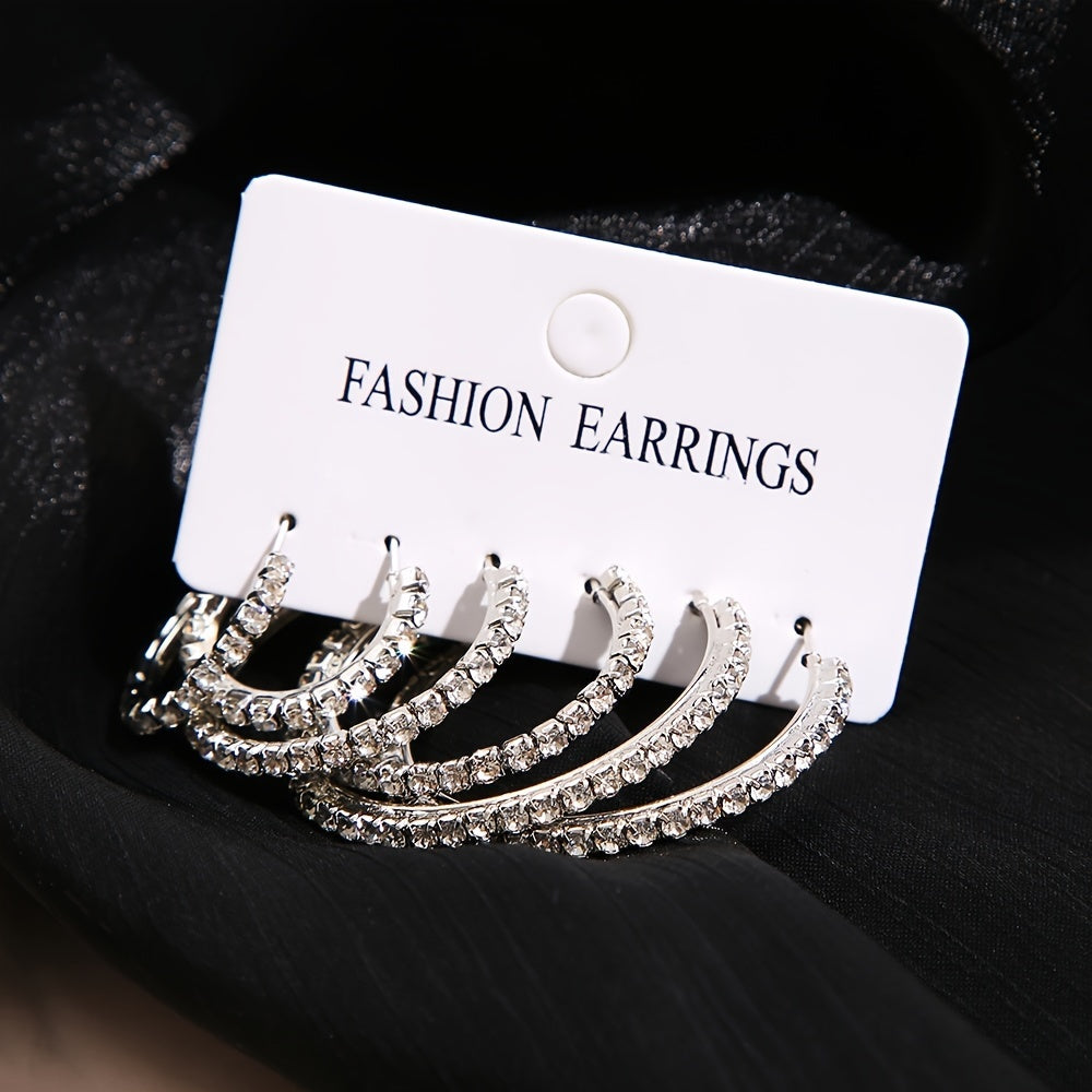 6-Piece Set Simple Hoop Earrings with Rhinestones